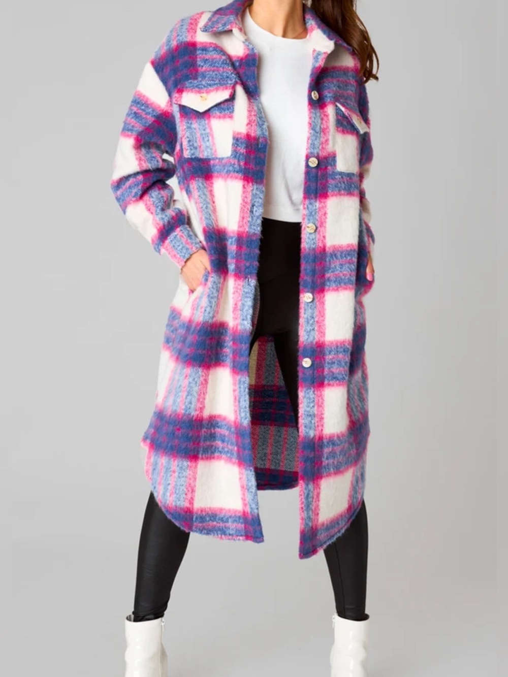 Ellison oversized prime time blue multi plaid brushed long shacket, size Medium